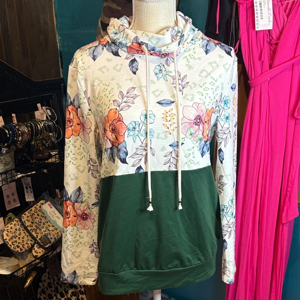 Floral Hoodie with Green Accent